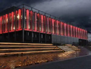 A building with red lights